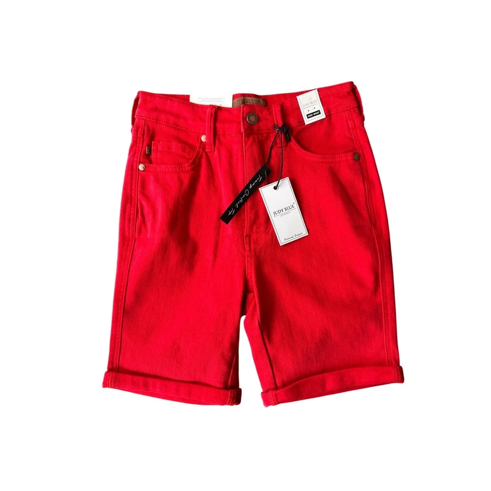 NWT Judy Blue Garment Dyed Red Bermuda Shorts Womens‎ S Tummy Control High Rise
